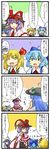  4koma berusuke_(beru_no_su) blue_hair cirno comic food fruit hat highres hinanawi_tenshi is_that_so long_hair multiple_girls nagae_iku peach rumia shawl short_hair touhou translated 