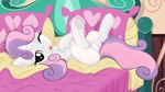  absurd_res bed chest_tuft cub cutie_mark equine female feral friendship_is_magic fur green_eyes hair hi_res horn horse junglepony looking_at_viewer mammal my_little_pony one_eye_closed pony solo sweetie_belle_(mlp) tongue tongue_out tuft two_tone_hair unicorn wink young 