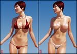  bikini blue_sky breasts contrapposto dead_or_alive dead_or_alive_5 jupiterjam large_breasts lips maebari mila_(doa) navel pasties realistic red_bikini red_eyes red_hair short_hair sideboob sky solo standing swimsuit 