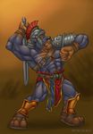  anthro armor bear belt biceps big_muscles blue_eyes blue_fur brown_fur da_boz footwear fur gladiator helmet loincloth male mammal muscles nipples pecs pose roman roman_empire sandals solo standing sword warrior weapon 