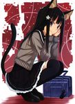  animal_ears bag black_hair black_legwear blush cat_ears cat_tail kuhotaka long_hair looking_at_viewer original purple_eyes school_bag school_uniform serafuku skirt smile solo squatting tail thighhighs 