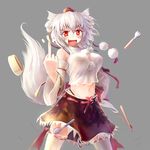  animal_ears bad_id bad_pixiv_id bare_shoulders blush breasts chopsticks detached_sleeves fang fork grey_background hand_on_hip hat highres inubashiri_momiji kimikimi large_breasts middle_finger midriff navel open_mouth pet red_eyes ribbon-trimmed_legwear ribbon-trimmed_sleeves ribbon_trim short_hair silver_hair simple_background skirt smile solo spoon tail thighhighs tokin_hat touhou white_legwear wolf_ears wolf_tail 