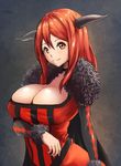  amamiya_(abaros) bad_id bad_pixiv_id breasts brown_eyes cleavage fur_trim horns large_breasts long_hair maou_(maoyuu) maoyuu_maou_yuusha red_hair smile solo 