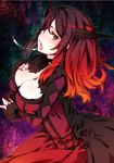  blush breasts choker cleavage demon_girl dress fur_trim horns large_breasts long_hair looking_at_viewer maou_(maoyuu) maoyuu_maou_yuusha open_mouth red_eyes red_hair sexually_suggestive solo suggestive_fluid super_zombie tongue 