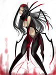  black_hair blood breasts cleavage elbow_gloves elise_(league_of_legends) extra_legs eyelashes gloves highres insect_girl kumiko_shiba large_breasts league_of_legends long_hair multicolored_hair navel pantyhose red_eyes red_hair short_hair solo spider_girl two-tone_hair 