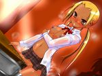  1girl artist_request blonde_hair blush bow breasts breasts_outside brown_eyes dark_nipples dark_skin empty_eyes erect_nipples ganguro grinding hagimura_suzu large_breasts long_hair makeup masturbation nipples open_clothes open_shirt pussy pussy_juice sako_(bosscoffee) school_uniform seitokai_yakuindomo shirt skirt skirt_lift solo sweat table_sex tan_skin uncensored 