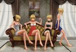  ahoge alcohol artoria_pendragon_(all) bad_id bad_pixiv_id bangs bare_legs bare_shoulders barefoot black_dress black_ribbon blonde_hair blue_dress blue_ribbon bow breasts capcom choker cocktail_dress couch crossed_arms crossed_legs cup curtains dress drinking_glass error expressionless fate/extra fate/stay_night fate/unlimited_codes fate_(series) fringe_trim green_eyes hair_bow hair_bun hair_ribbon highres holding holding_cup indoors infukun light_smile long_hair looking_at_viewer medium_breasts multiple_girls multiple_persona nero_claudius_(fate) nero_claudius_(fate)_(all) no_bra on_couch painting_(object) picture_frame ponytail red_dress red_ribbon reflective_floor ribbon saber saber_alter saber_lily sidelocks sitting sleeveless sleeveless_dress strapless strapless_dress wallpaper_(object) white_dress window wine wine_glass 