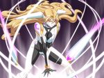  1girl blonde_hair bodysuit breast_squeeze breasts chouhei_hajoku highres inja_no_kuruwa large_breasts long_hair looking_at_viewer magic pose posing serious simple_background solo standing wavy_hair weapon yellow_eyes 