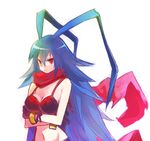  antenna_hair blue_hair bracelet breasts cleavage crossed_arms disgaea disgaea_d2 gaa_(butsugen) gloves groin jewelry laharl laharl-chan large_breasts long_hair navel red_eyes scarf slit_pupils solo white_background 