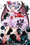  bat_wings blue_hair dress hat hat_ribbon highres mikoma_sanagi naughty_face red_eyes remilia_scarlet ribbon shoes short_hair smile solo tongue touhou wings 