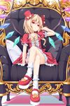  bare_legs blonde_hair bobby_socks bow chair checkered checkered_floor choker colorized crossed_legs dinyc flandre_scarlet hair_bow hat long_hair looking_at_viewer mary_janes mini_hat mini_top_hat pillow platform_footwear red_eyes shoes side_ponytail sitting socks solo top_hat touhou wata_(akawata) white_legwear wings 