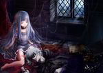  1boy 1girl barefoot blood book child death dress elysion ginger-j gloves key loli long_hair lying mask paintbrush red_eyes silver_hair sitting sound_horizon spider_web web window 