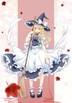  apron blonde_hair blurry bobby_socks bow bowtie broom frills full_body hat hat_bow high_heels highres huayue kirisame_marisa leaf long_hair maple_leaf mary_janes red_string shoes skirt skirt_set socks solo standing string touhou vest waist_apron white_bow white_legwear witch witch_hat 