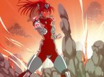  angry bodysuit breasts chouhei_hajoku cloud clouds fire highres inja_no_kuruwa long_hair looking_at_viewer ponytail pose posing red_eyes red_hair sky smoke solo standing 