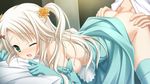  1boy 1girl ass ass_grab blonde_hair blush breasts censored clothed_sex doggystyle game_cg green_eyes hatsuyuki_sakura hetero pussy_juice sex sideboob thighhighs vaginal wink 