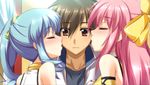  1boy 2girls blue_hair blush bow brown_eyes brown_hair cheek_kiss chouhou choukaku double_cheek_kiss game_cg girl_sandwich hongou_kazuto idol kiss koihime_musou multiple_girls pink_hair sandwiched school_uniform tan 