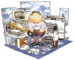  90s barefoot chibi controller desk game_console game_controller gamepad lowres male_focus monitor pen playstation printer self-portrait shirou_masamune sitting solo 
