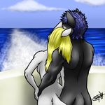  blue_hair boat breasts couple duo female foxywolf hair long_hair male nude outside sea side_boob water 