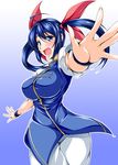  ahoge blue_eyes blue_hair blush breasts chinese_clothes fatal_fury futaba_hotaru hair_ribbon kanten large_breasts long_hair mark_of_the_wolves open_mouth outstretched_hand ribbon simple_background smile snk solo twintails wristband 