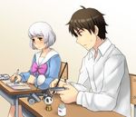  1girl art_brush black_hair bow chair desk luft notebook paintbrush painting panda pen school_uniform seki_toshinari short_hair silver_hair sitting sweatdrop tonari_no_seki-kun yokoi_rumi 