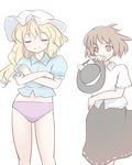  brown_eyes brown_hair crossed_arms hat hat_removed headwear_removed long_hair maribel_hearn multiple_girls neo-traditionalism_of_japan no_pants panties parody purple_panties short_hair skirt smirk tori_(minamopa) touhou underwear usami_renko 