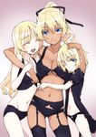 :d ;&lt; ^_^ age_difference bad_id bad_pixiv_id black_bra black_panties blonde_hair blue_eyes blush bra breasts cleavage closed_eyes colored_eyelashes contrapposto dark_skin garter_belt groin hair_ribbon hand_on_another's_head hug large_breasts long_hair matsuryuu multiple_girls navel one_eye_closed open_mouth original panties panties_over_garter_belt ponytail ribbon smile standing thighhighs triangle_mouth underwear underwear_only 