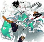  bad_id bad_pixiv_id bandages belt black_legwear blood blood_on_face boots clenched_teeth floral_print flower garter_straps ghost hair_flower hair_ornament hair_ribbon hairclip hitodama juliet_sleeves katana konpaku_youmu konpaku_youmu_(ghost) long_sleeves looking_at_viewer nanikuso necktie ogino_(oginogino) one_eye_closed pale_skin panties petals pink_eyes puffy_sleeves red_eyes ribbon shirt short_hair silver_hair skirt skirt_set solo sword teeth thighhighs touhou underwear upskirt vest weapon white_panties white_skin 