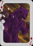  &#9830; canine card cestus claws fur green_eyes invalid_color invalid_tag male mammal open_mouth playing_card purple purple_fur redvernal sekotta seven_of_diamonds spikes teeth tongue weapon wolf 
