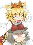 [] anger_vein angry animal_ears black_hair blonde_hair blush breast_envy breast_rest breasts breasts_on_head fang grey_hair kemonomimi_mode large_breasts mouse_ears multicolored_hair multiple_girls nazrin shawl simple_background smile tiger_ears toramaru_shou touhou two-tone_hair white_background 