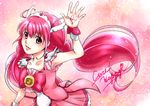  arm_up bow bowtie brooch character_name cure_happy head_wings hoshizora_miyuki ioriori jewelry long_hair magical_girl no_choker pink pink_background pink_bow pink_eyes pink_hair pink_skirt precure skirt smile smile_precure! solo tiara twintails wrist_cuffs 