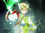  1girl bodysuit breasts chouhei_hajoku electricity green_eyes green_hair helmet highres inja_no_kuruwa looking_at_viewer medium_breasts pose posing serious short_hair simple_background solo weapon 