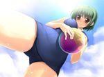  ball beachball brown_eyes colorful_education from_below game_cg green_hair looking_down non-web_source one-piece_swimsuit school_swimsuit short_hair solo swimsuit takashima_misaki yukirin 
