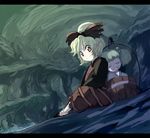  blonde_hair bow bucket cave green_hair in_bucket in_container kisume kurodani_yamame multiple_girls red_eyes shope silk spider_web touhou twintails 