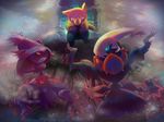  backlighting blue_eyes closed_mouth darkrai drowzee forest gen_1_pokemon gen_4_pokemon ghost green_eyes hinekure light_rays mismagius nature no_humans open_mouth outdoors outstretched_arm pokemon pokemon_(creature) red_eyes shaded_face sweat tree wet you_gonna_get_raped 