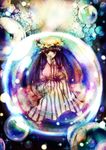  bangs blunt_bangs blush book bow bubble crescent hair_bow hanada_hyou hat in_bubble long_hair patchouli_knowledge purple_hair robe sitting solo striped touhou 