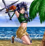  armor armpits arms_up asame2 asame_shinbun beach black_hair day final_fantasy final_fantasy_vii fingerless_gloves gloves headband jumping midriff ocean open_fly palm_tree panties short_hair shorts shuriken sleeveless sleeveless_turtleneck smile solo tree turtleneck underwear unzipped yuffie_kisaragi 