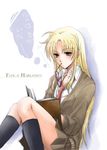  blonde_hair book fate_testarossa glasses lina_(interlude) long_hair lyrical_nanoha mahou_shoujo_lyrical_nanoha_strikers mouth_hold necktie solo very_long_hair 