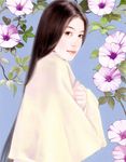  black_eyes brown_hair chen_shu_fen copyright_request flower highres long_hair realistic smile solo 