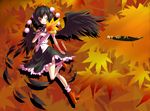 autumn black_wings book fan feathers geta hat hauchiwa leaf looking_at_viewer niwi shameimaru_aya skirt solo tengu-geta touhou wings 