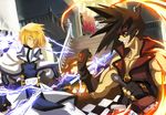  blonde_hair brown_hair commentary_request guilty_gear kishibe ky_kiske male_focus multiple_boys red_eyes sol_badguy sword tabard weapon 