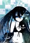  artist_name bare_shoulders belt bikini_top black_jacket black_ribbon black_rock_shooter black_rock_shooter_(character) blue_eyes burning_eye collarbone copyright_name flat_chest front-tie_bikini front-tie_top hair_between_eyes jacket long_hair looking_at_viewer navel off_shoulder open_clothes open_jacket ribbon signature solo stomach twintails upper_body very_long_hair watermark white_skin xephonia 