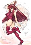  akura_(arc_the_lad) arc_the_lad arc_the_lad_ii ass breasts covered_nipples feathers feet horns large_breasts leg_lift leotard long_hair mizuryuu_kei red_eyes red_hair red_leotard solo thighhighs thong_leotard wings 