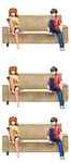  1girl barefoot blue_eyes bored controller couch earbuds earphones highres ikari_shinji kouya_(toys_robot) long_hair neon_genesis_evangelion non-web_source orange_hair remote_control shorts sitting souryuu_asuka_langley 