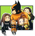  3girls armor artist_request chibi earrings hair_bobbles hair_ornament hoop_earrings jewelry jubilee kitty_pryde lowres marvel multiple_girls o_o shadowcat wolverine x-23 x-men 