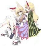  animal_ears arm_warmers blonde_hair chain cup green_eyes horn hoshiguma_yuugi long_hair mizuhashi_parsee mochiki multiple_girls pointy_ears sakazuki short_hair tail touhou 