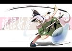  bad_id bad_pixiv_id black_hairband blue_eyes flower ghost hairband highres hitodama katana konpaku_youmu konpaku_youmu_(ghost) ribbon sakurame sheath short_hair silver_hair skirt solo sword touhou weapon 