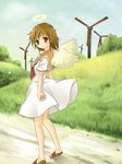  angel_wings brown_eyes brown_hair grass haibane_renmei halo hanabana_tsubomi highres legs looking_back orange_sailor_collar rakka sailor_collar sandals school_uniform serafuku solo wind wind_lift wind_turbine windmill wings 