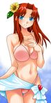  bikini blue_eyes blue_sarong breasts cleavage flay_allster flower gundam gundam_seed large_breasts long_hair red_hair sarong sarong_lift solo sunflower swimsuit tooru_jin 