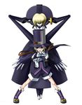  1girl blazblue blazblue:_calamity_trigger blonde_hair blue_eyes boots cape carl_clover child dress empty_eyes fighting_stance glasses gloves hat mori_toshimichi nirvana official_art open_mouth puppet purple_footwear robot round_eyewear short_hair shorts simple_background spread_legs standing strap top_hat white_eyes 