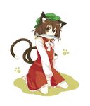  :3 animal_ears brown_eyes brown_hair cat_ears cat_tail chen earrings fish hat jewelry kiji_(manekinuko-tei) mouth_hold multiple_tails short_hair solo tail touhou 